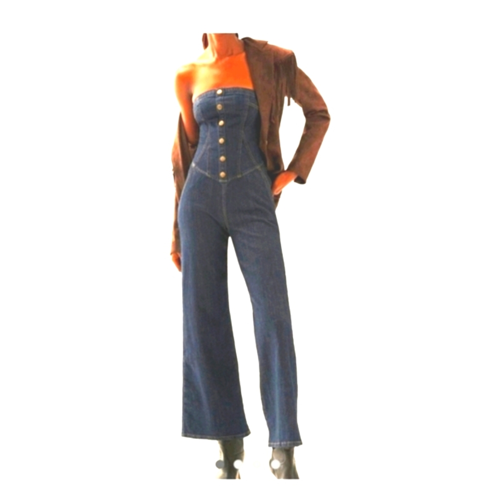 Anthropologie Pilcro Strapless Denim Corset Jumpsuit Blue Button Front Sz 2 NWT